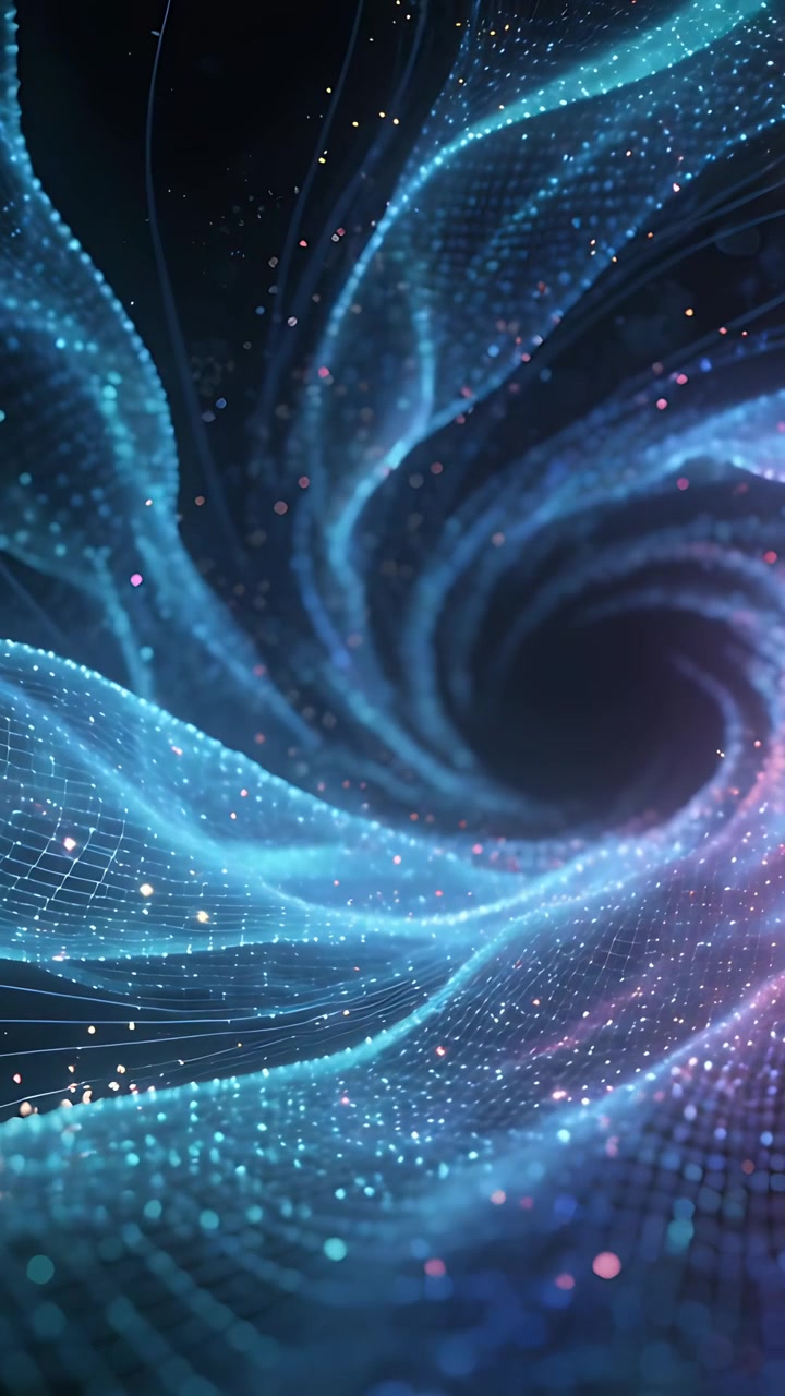 Vertical video: Spinning mesh vortex drawing inward in dark space as frames advance, deepening void