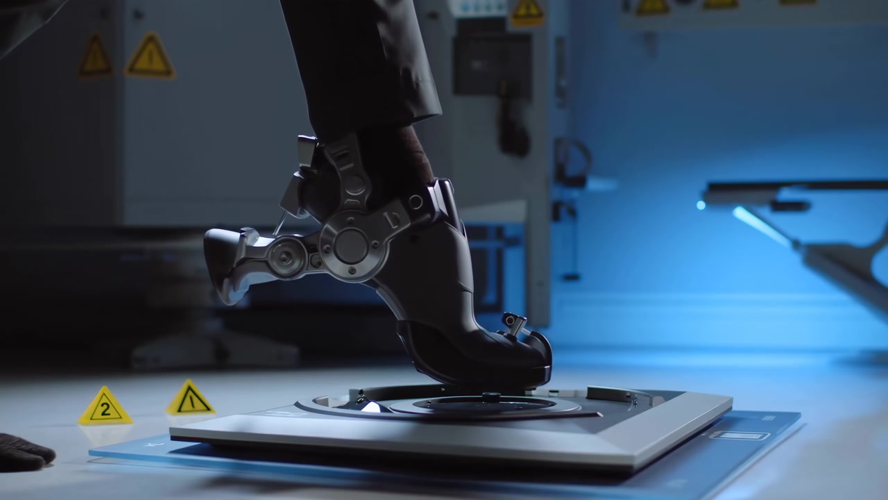 Low-angle side view of metallic articulated prosthetic foot resting on circular testing mount on laboratory table, showing joint detail, sterile setting,