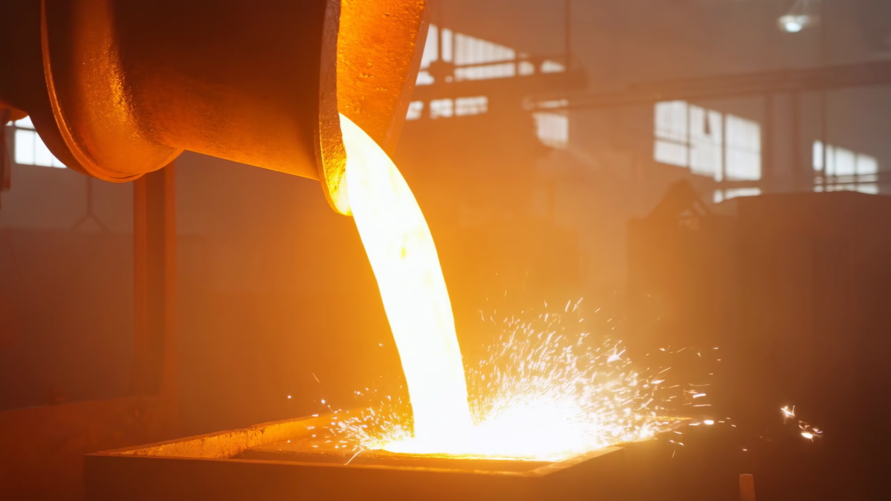 Molten Steel Pouring Into Mold, Closeup Of Glowing Ladle Tipping, Sparks Flying As Molten Stream Hits