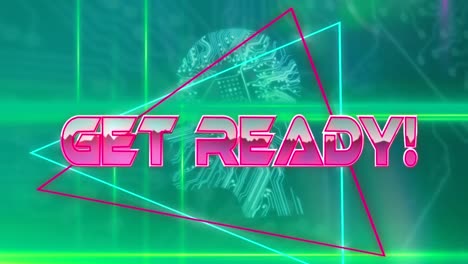 Animation-of-pink-metallic-text-get-ready,-over-neon-lines,-and-glowing-computer-motherboard