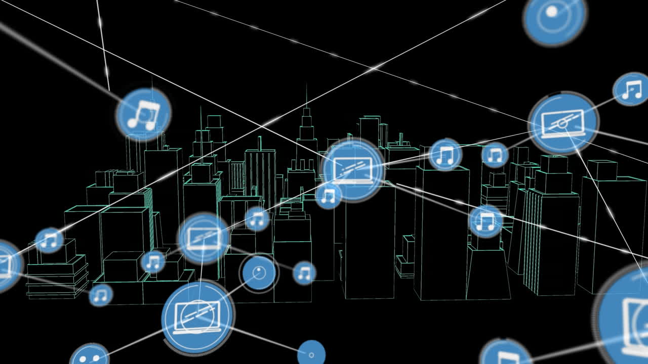 Animation of networks of connections with icons over 3d city drawing spinning on black background
