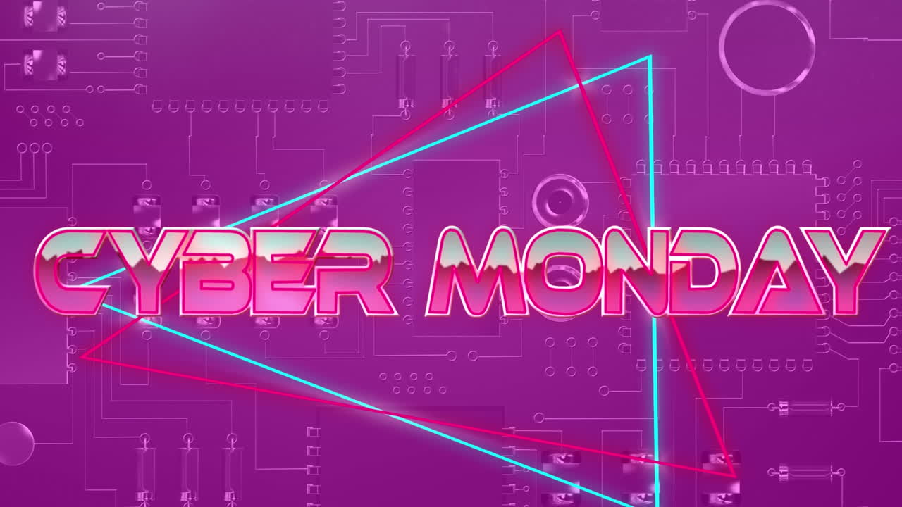 Animation of cyber monday text over geometrical shapes and processor cores
