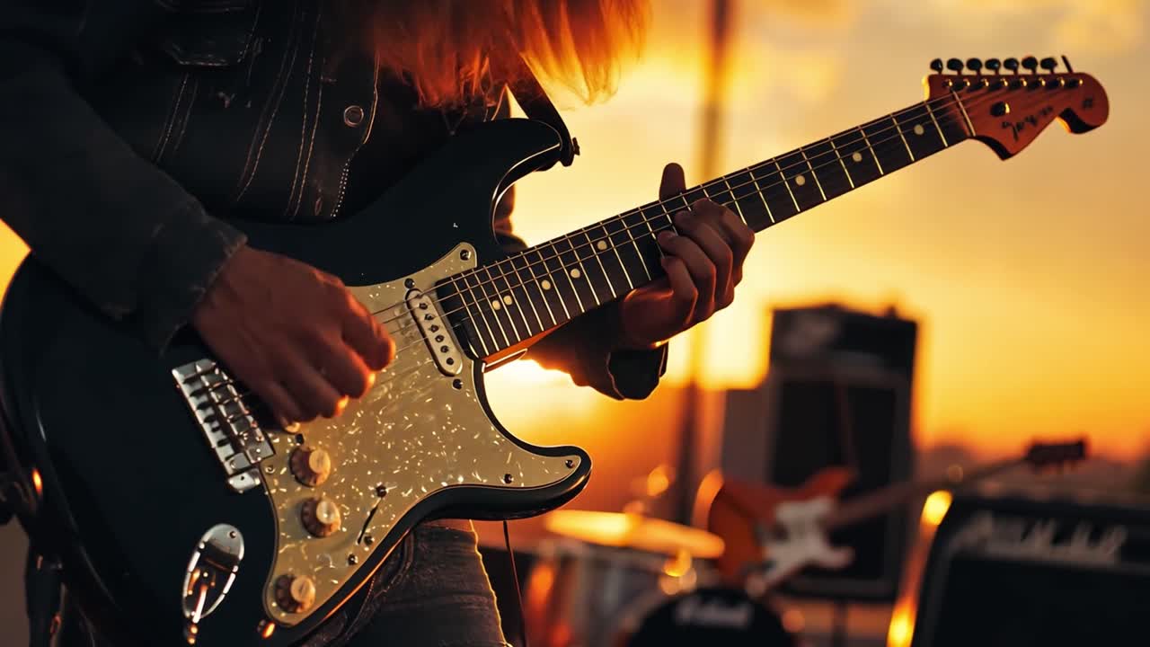 Un musicista che suona una chitarra elettrica al tramonto