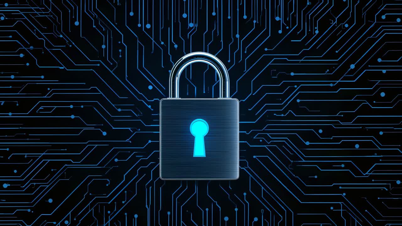 Receiving startup signal, padlock icon glowing keyhole beaming circuits on digital security system