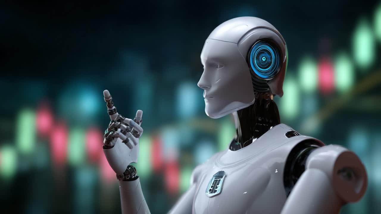 A futuristic robot with a sleek design showcases its sophisticated features, prominently featuring a glowing blue interface. The backdrop hints at a vibrant, high-tech environment, illustrating advanced technology at work