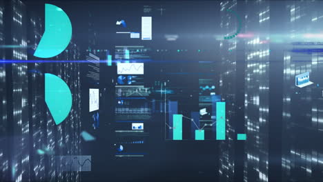 animación del procesamiento de datos en múltiples pantallas con cuadrados de mosaico contra un fondo azul