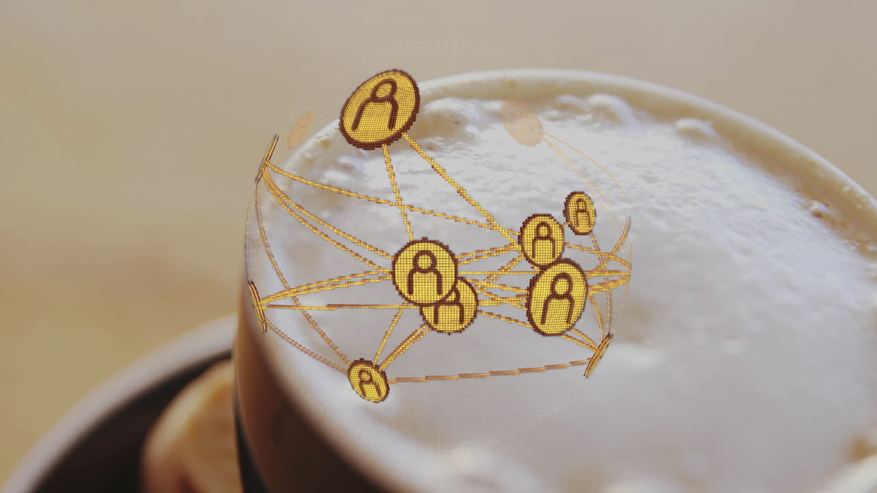 Coffee cup being overlaid with network sphere, showcasing glowing golden user icons connecting