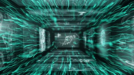 animación del hilado de cadenas de adn y procesamiento de datos científicos con senderos de luz azul