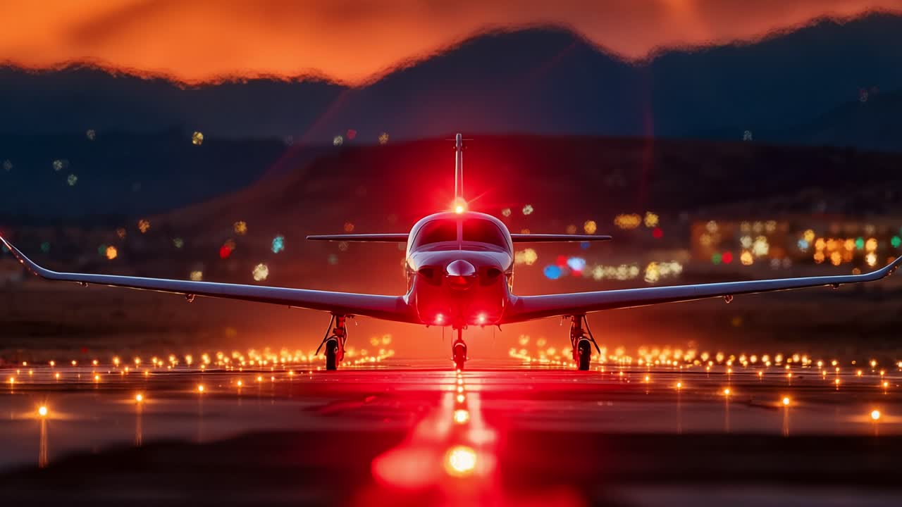 A stunning aircraft poised for takeoff on a glowing runway, bathed in a warm sunset glow that highlights its sleek design and vibrant lights for an unforgettable aviation scene