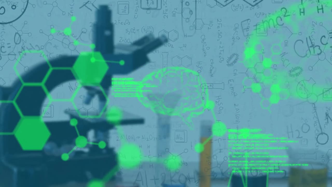 백색 배경 에 있는 화학적 구조 에 대하여 현미경 을 이용 하여 의학적 데이터 처리