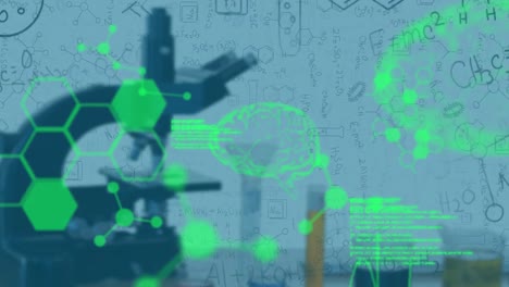 procesamiento de datos médicos por microscopio contra estructuras químicas en fondo blanco