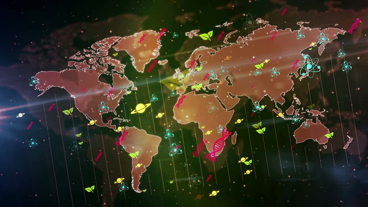 símbolos y iconos científicos en el mapa del mundo bucle y fondo sin costuras