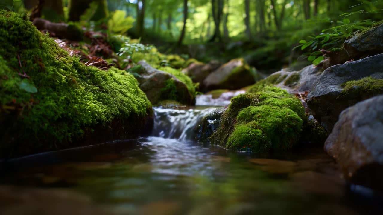 Serene Stream Flowing Through Lush Green Forest, With Moss-Covered Rocks Enhancing the Tranquil Landscape of Nature's Beauty and Freshness