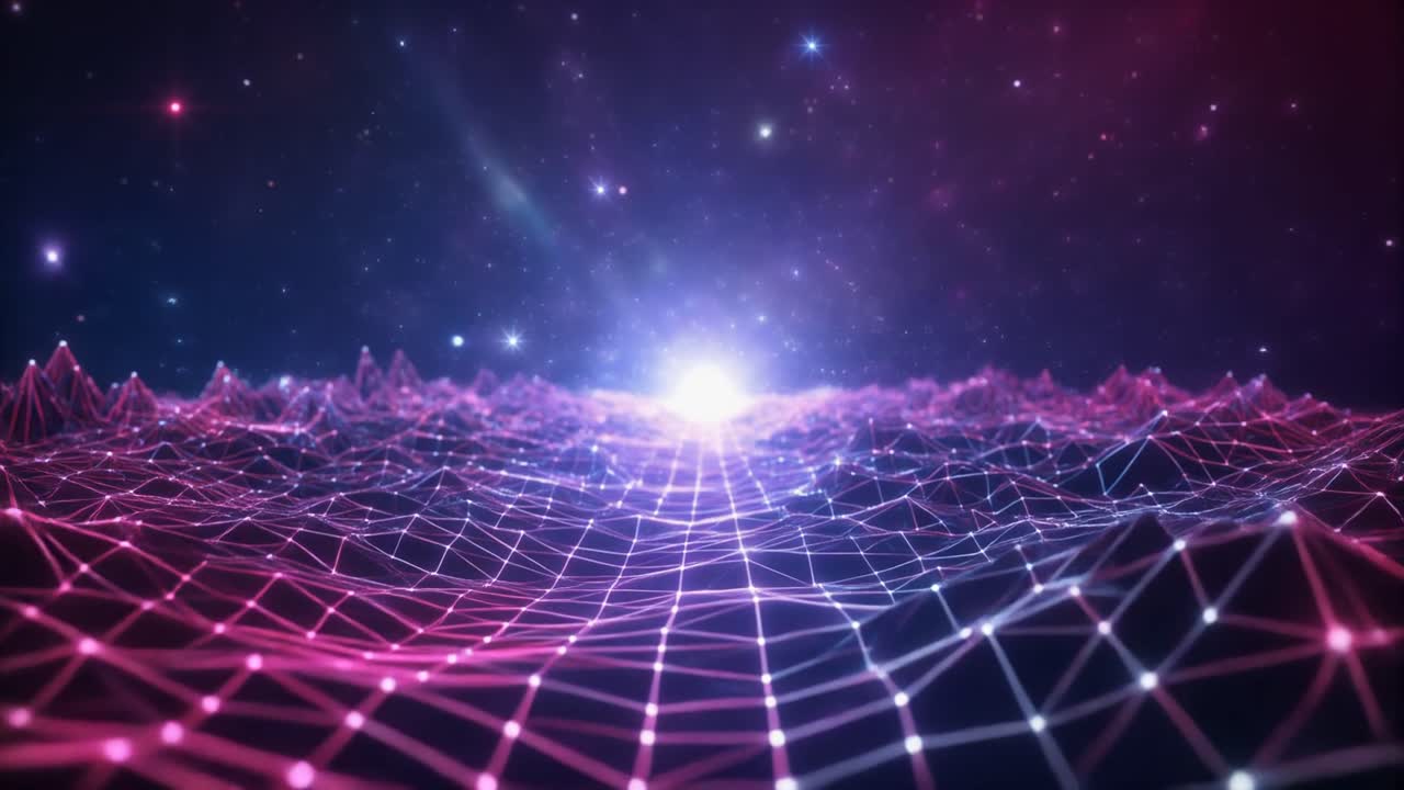 Lanskap Digital Futuristik dengan Kisi Bercahaya dan Langit Berbintang.