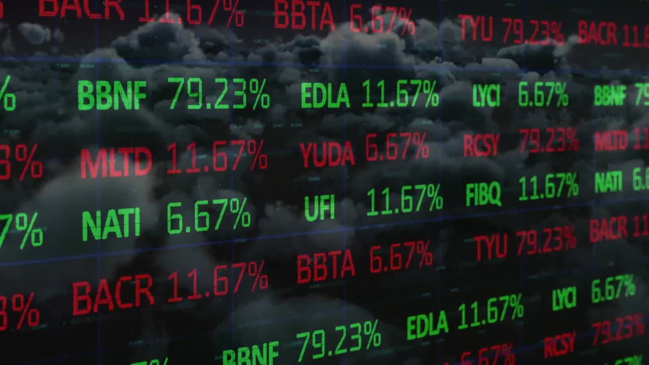 Animazione di elaborazione di dati finanziari su nuvole e cielo