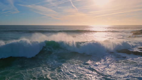 powerful ocean surf rolling seashore sunny morning. huge sea waves making foam