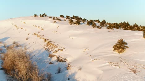 snowy mountain landscape at sunrise/sunset