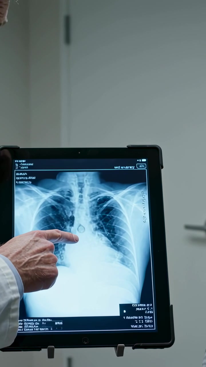 Vertical video: Pointing doc in coat reviewing chest X-ray on tablet and explaining lungs in clinic