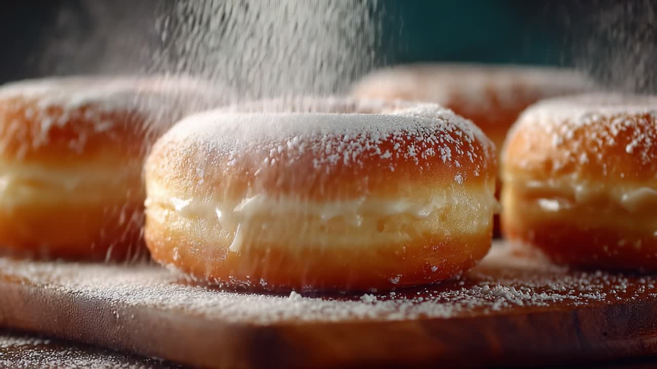 Köstlich zubereitete Donuts: Eine Nahaufnahme von süßen Leckereien, bestäubt mit Puderzucker, die ihre cremige Füllung und verlockende goldene Ränder hervorhebt.