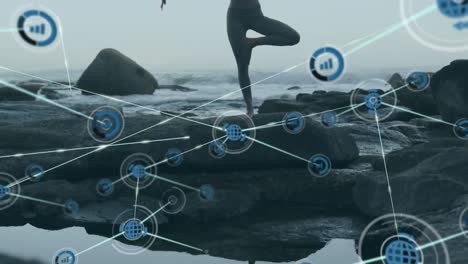 Network-of-connection-icons-against-woman-practicing-yoga-near-sea-shore