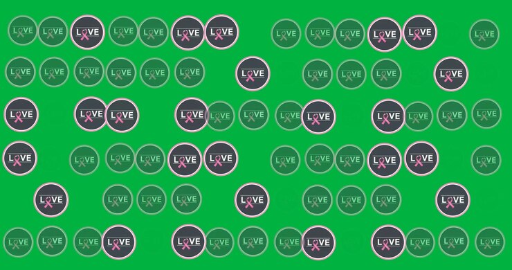 Digital animation of multiple love text banners with pink ribbon icon against black background