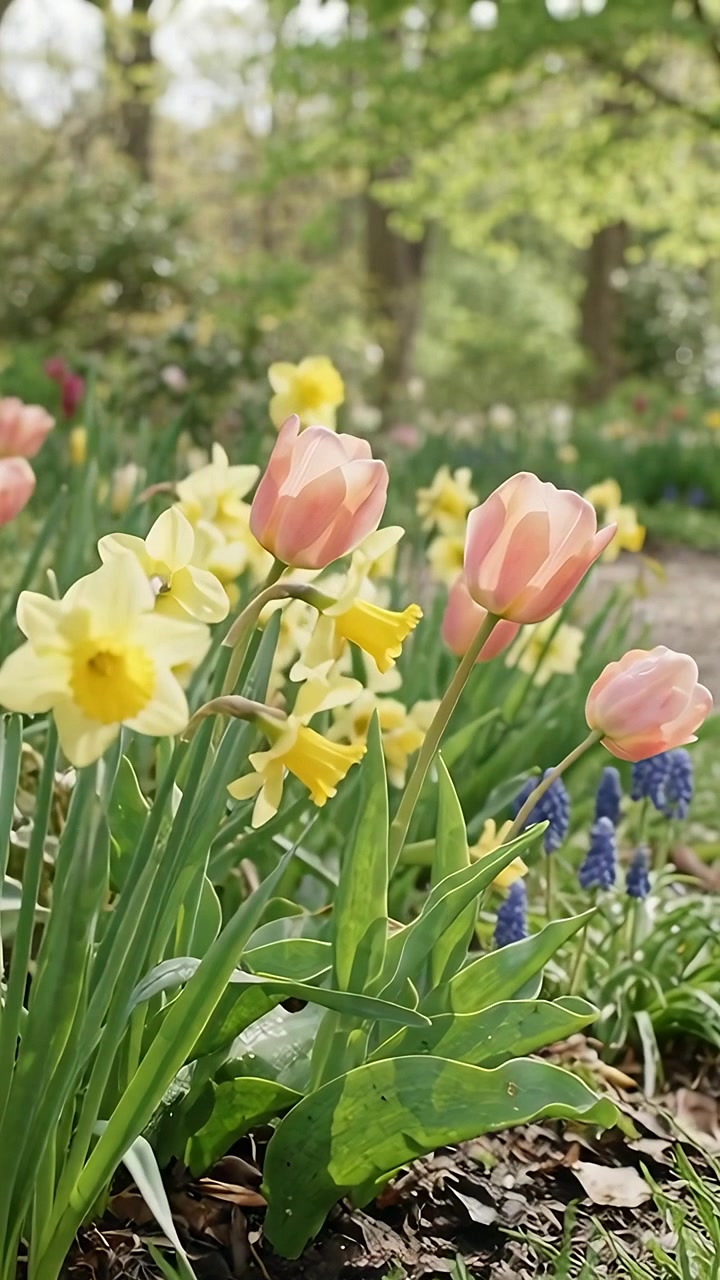 Vertical video: Swaying pink tulips and daffodils tilting by light breeze, camera shift in garden