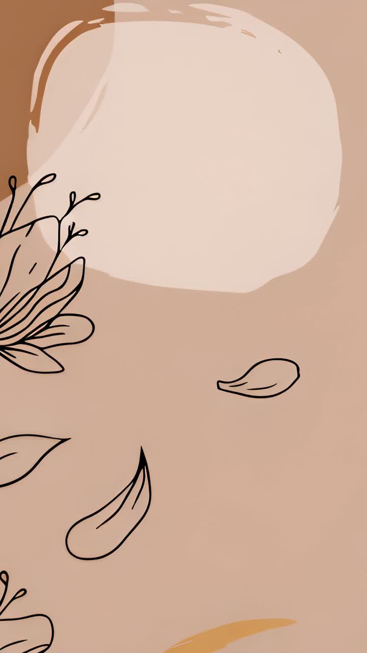 Vertical video: Drifting petals and leaves across peach backdrop past pale oval floral art at start