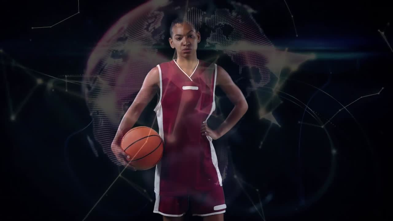 Animation af globus med netværk af forbindelser over basketballspiller på sort baggrund