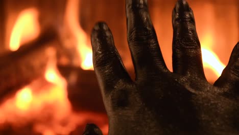 young female hand painted with black color moving smoothly with a blurred fireplace in the background