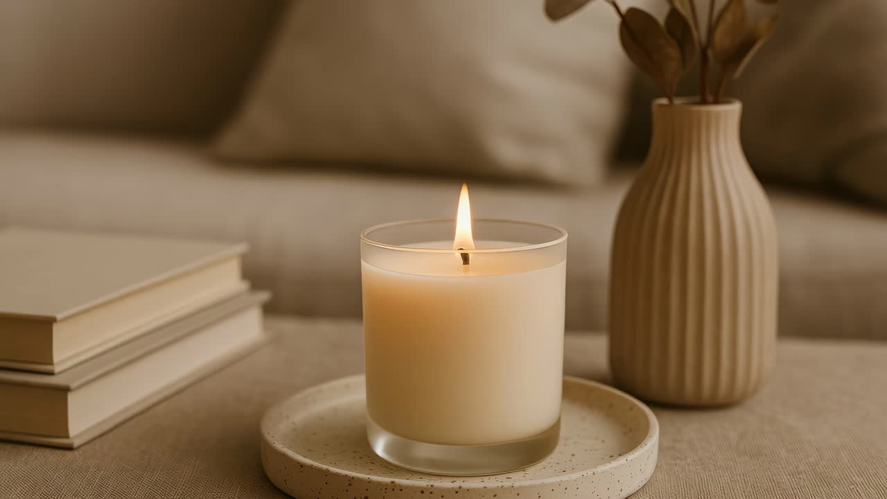 Cozy living room scene with a lit candle on a tray, books, and a vase