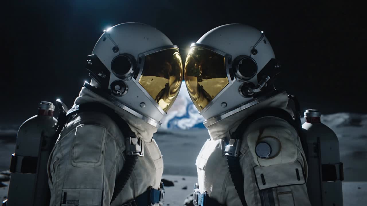 Pulling back showing Earthrise, two suited astronauts touching gold visors sharing time on moon