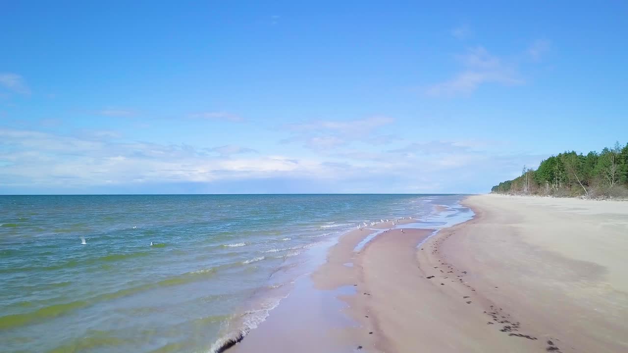 vista aérea de la costa del mar báltico en un día soleado, dunas de arena blanca dañadas por las olas, erosión costera, cambios climáticos, tiro de drones de gran angular que avanza bajo
