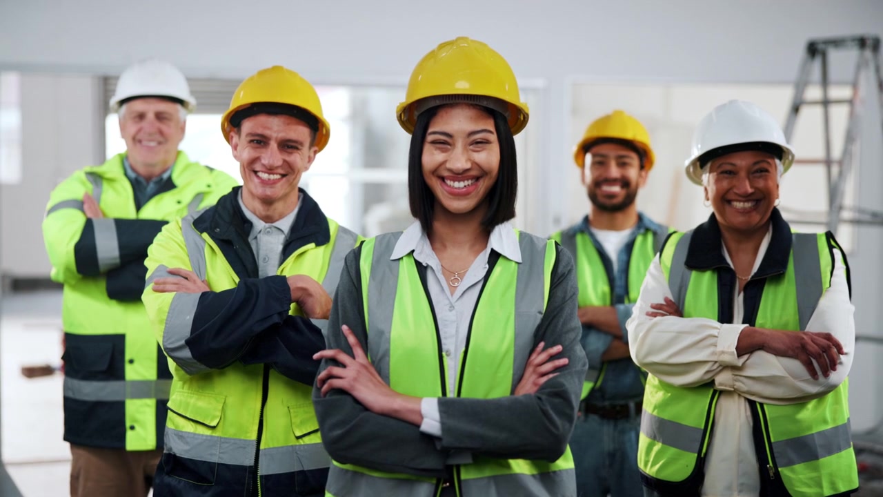 Diverse Team of Construction Workers Standing Together in Building Site