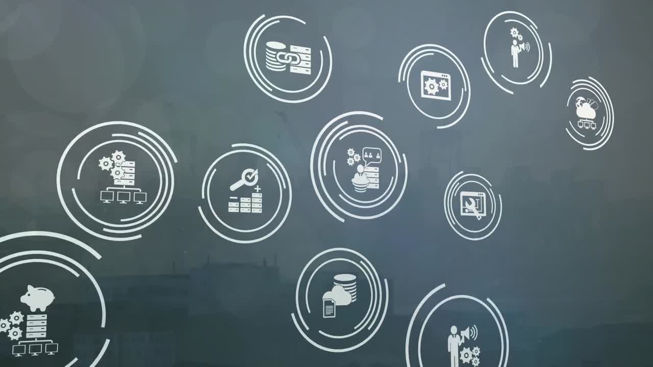 Animation of circles and business icons over cityscape