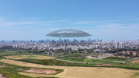 ufo hovers over tel aviv cityscape and fields
