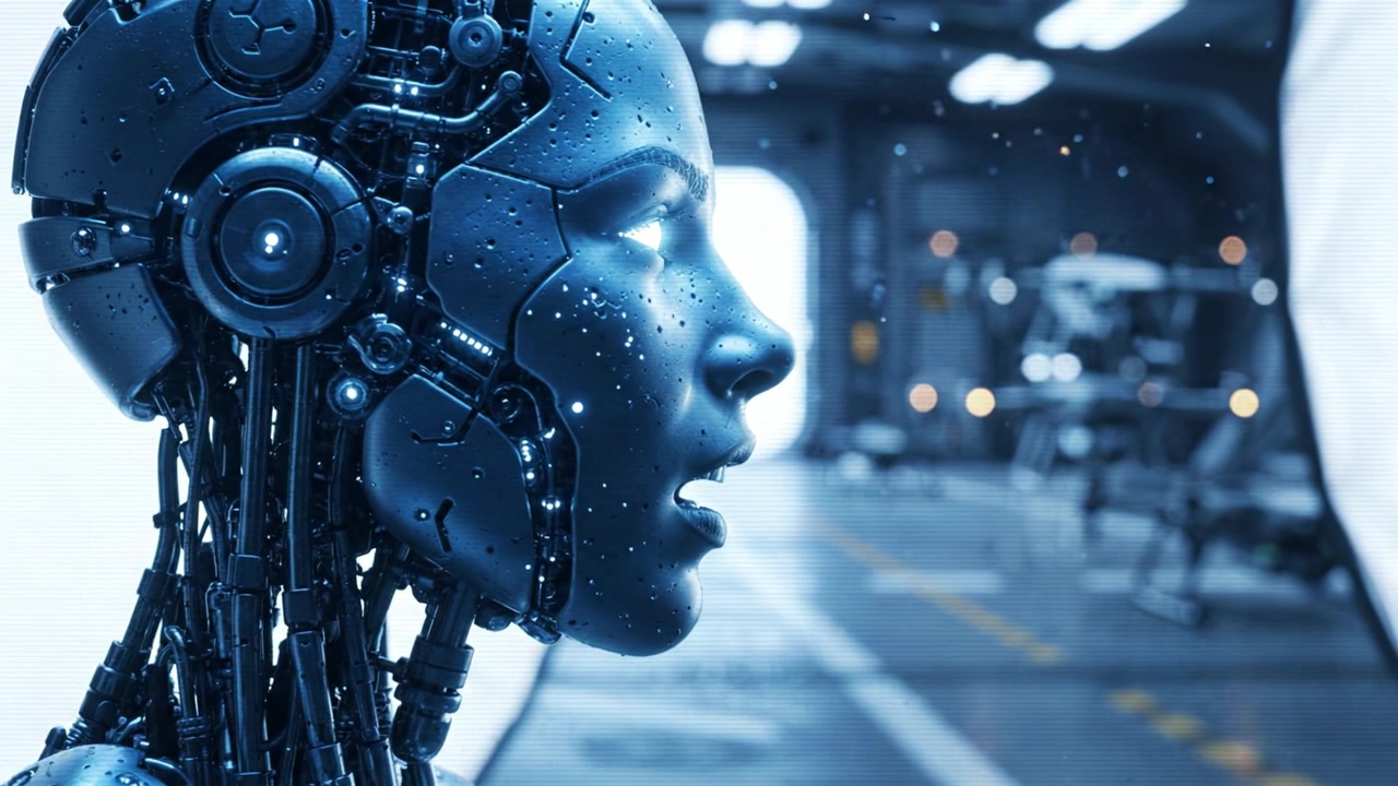 A futuristic robotic figure showcases advanced artificial intelligence in a meticulously designed environment, highlighting technological evolution and human-like features.