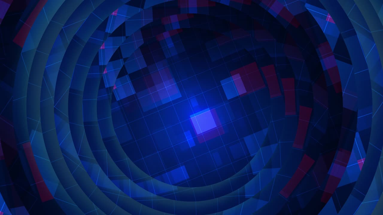 Abstract seamless loop hypnotic of red blue digital grid swirl rotate. Glowing hypnotic digital grid animation. Abstract background for business presentation. Seamless loop 4k 3d render