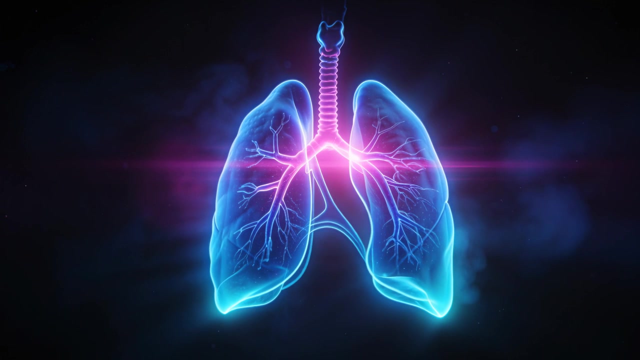 Impulso magenta crescente che si muove attraverso polmoni al neon nel vuoto oscuro, mostrando la trachea e i bronchi che brillano.