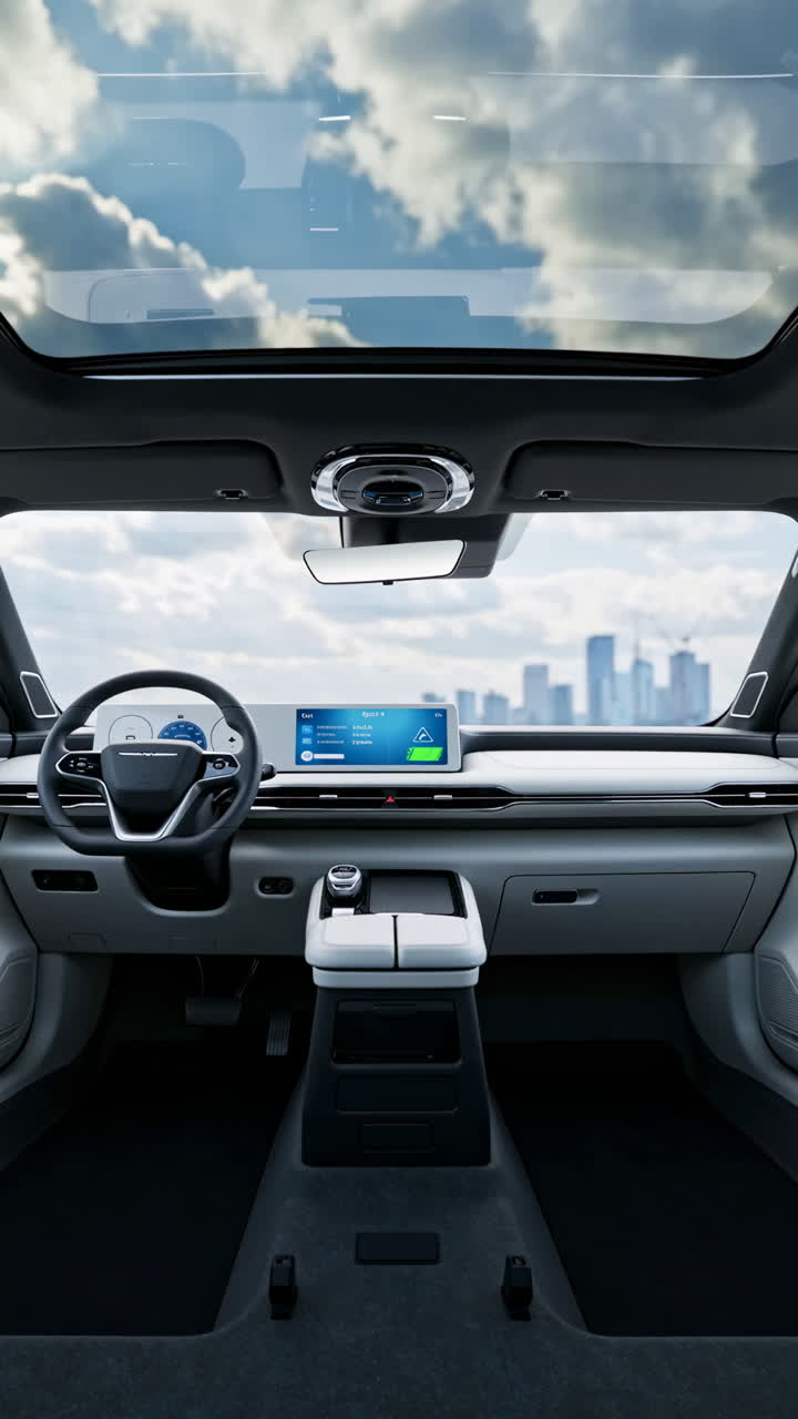 Modern Car Interior with Panoramic Sunroof and City Skyline