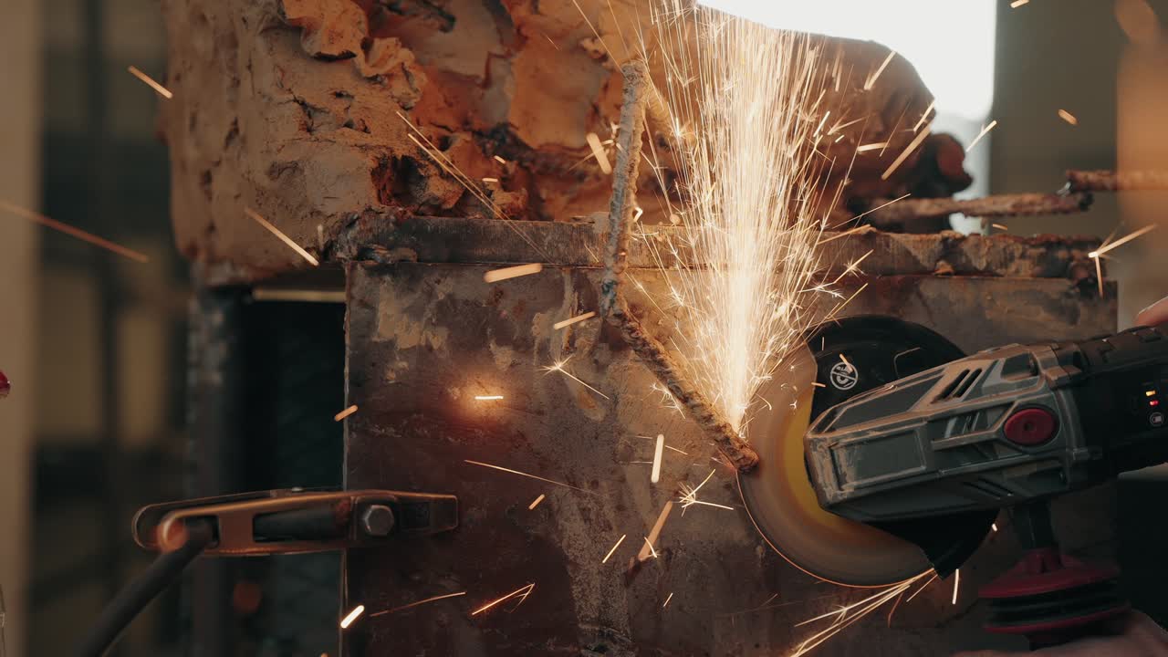 grinder sparks cutting metal armature for sculpture in slow motion