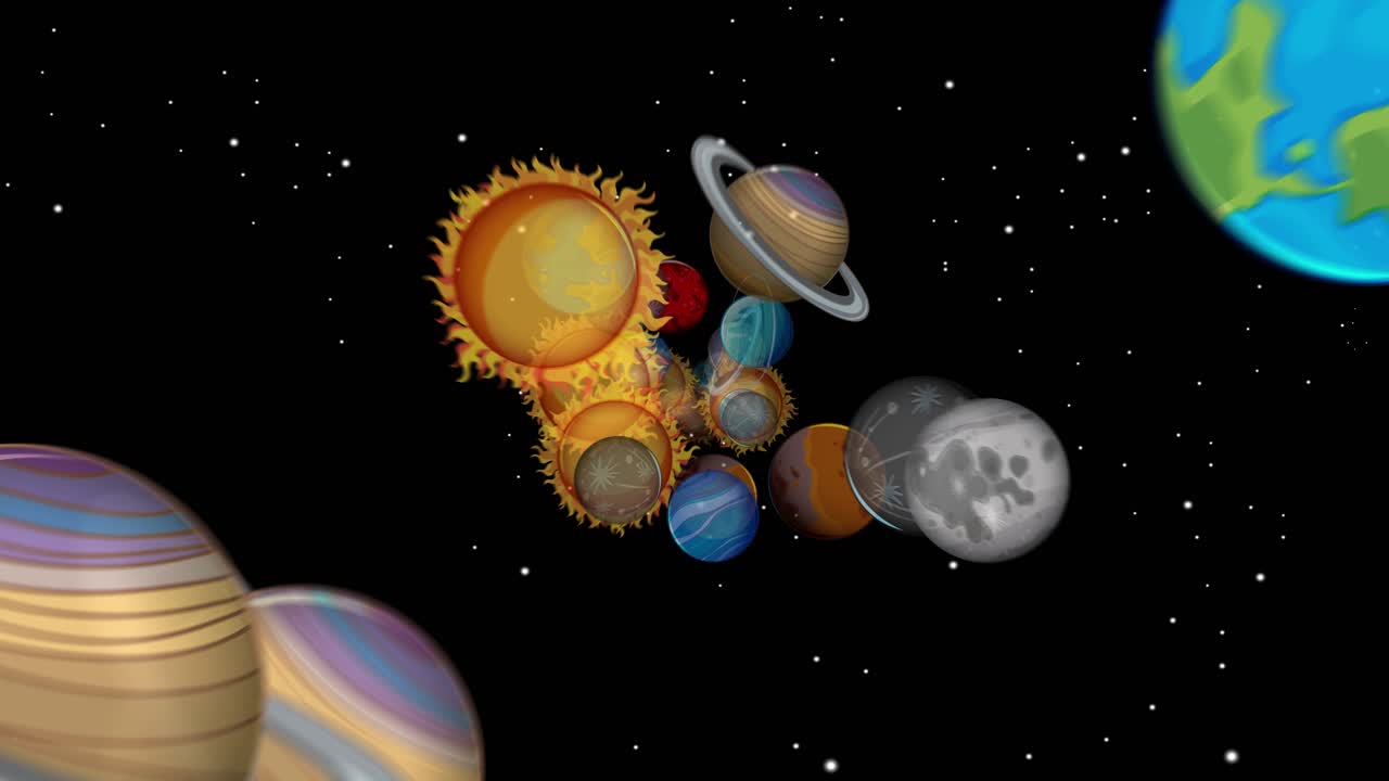 Colorful digital animation of solar system planets and the sun moving horizontally across a starry black background, with smooth transitions and playful, cartoon-style graphics