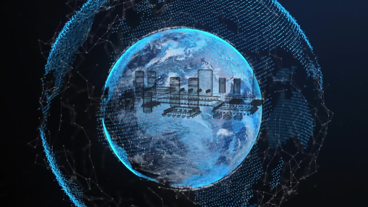 Animation of computer circuit board, network of connections over globe