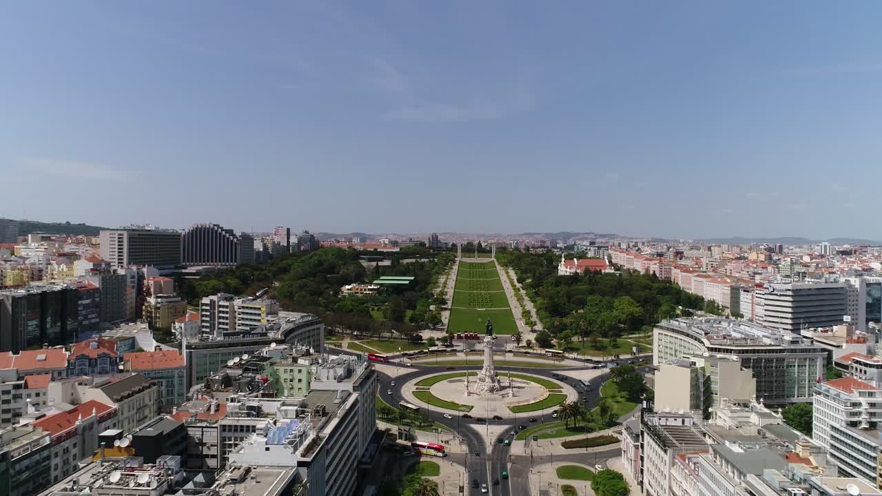 Lisbona, Portogallo, paesaggio urbano aereo, Parco Eduardo VII e Piazza Marquês de Pombal