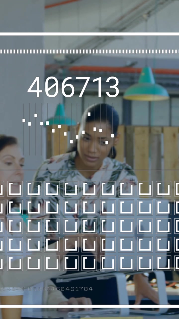 Animation of data processing over diverse business people discussing work