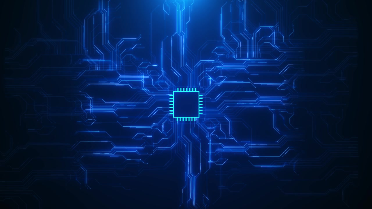 Blue microchip circuit technology background glows processor paths electric lines digital depth ai