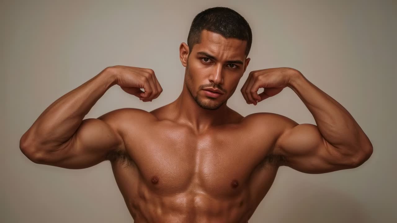 Fotógrafo dirigiendo a un modelo sin camisa que hace una pose de bíceps para una sesión de fotos en un estudio con la piel aceitada