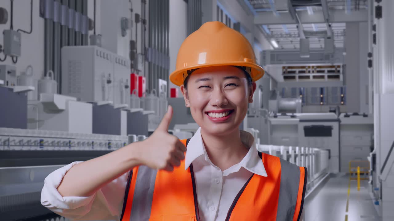 Close Up Of Asian Female Engineer With Safety Helmet Smiling And Showing Thumbs Up Gesture To The Camera At Pharmaceutical Factory, Vaccine Production Facility