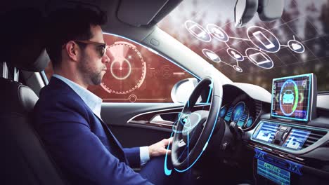 animación de la interfaz digital sobre el hombre de negocios en el coche autónomo