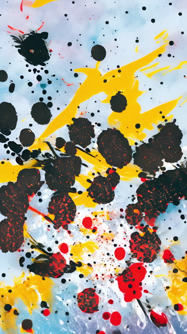 Abstract splatter painting with bold black, red, and yellow colors on canvas