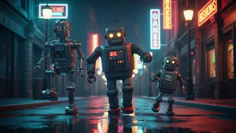dynamic robot trio strolling through a neon-lit alley: a glimpse into a futuristic world filled with high-tech adventures and companionship